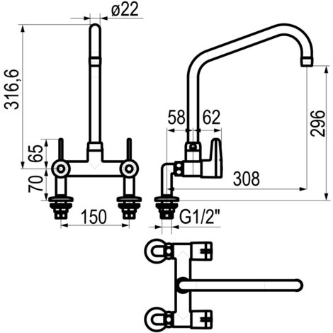 Grifo fregadero industrial bimando dos huecos