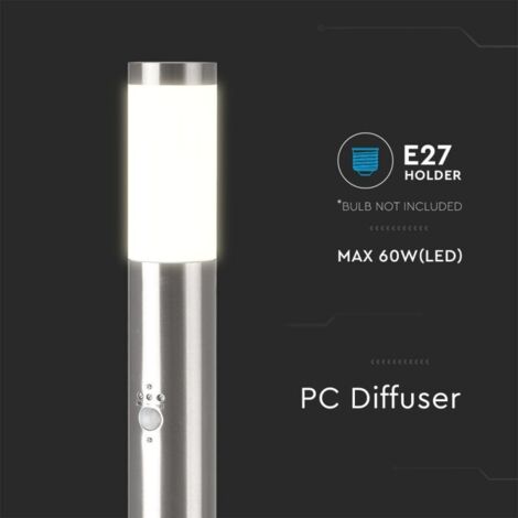 V-Tac – Support de lampe E27 avec détecteur de mouvement – Hauteur 800mm – IP44 – Acier inoxydable et plastique opale – Portée 8m - VT-838-SS80