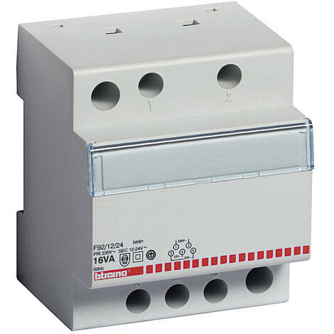 Bticino – Transformateur de sécurité monophasé 230V 12/24V – Puissance 16VA – Montage sur rail DIN – 4 modules – Degré de protection IP20