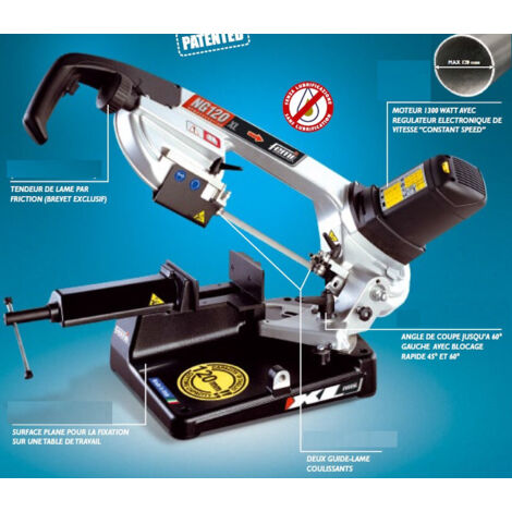 Femi – Scie à ruban métal 1300W – Capacité de coupe 120mm – Vitesse 35 à 80 m/min – Tendeur de lame à friction – NG120XL