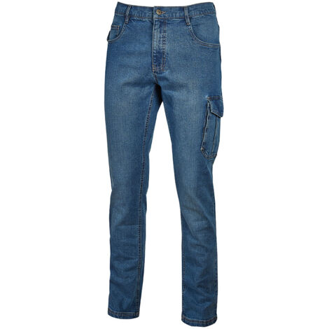 Pantalon de travail slim fit bleu denim L – 5 poches pratiques – 98% coton pour confort – Coupe adaptée aux professionnels (1/7)