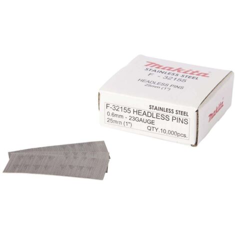 Makita – Pointes de cloueur F32155 25mm – Acier inoxydable – Calibre 23 GA – Lot de 10 000 pièces pour cloueuses professionnelles