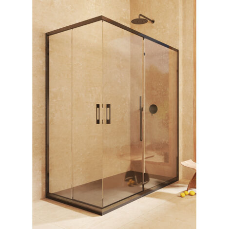 Paroi 2 coulissantes + 2 fixes, avec profilé inférieur, RÉVERSIBLE, Verre sécurité 6 mm anticalcaire-  82,5-85 x 102,5-105 cm – H = 195 cm, Noir (1/5)