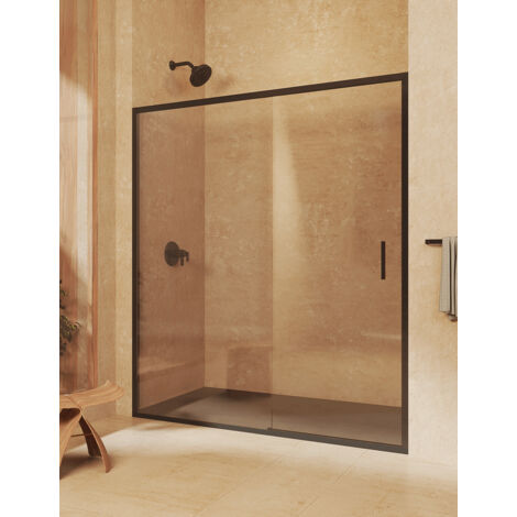 Paroi de douche coulissante + fixe, sans profilé inférieur, verre de sécurité 6 mm anticalcaire, 148,5 à 153 cm x 195cm H, RÉVERSIBLE, Noir (1/5)