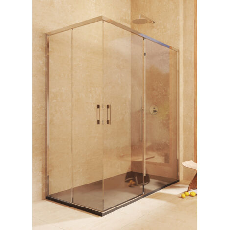 Paroi 2 coulissantes + 2 fixes, sans profilé inférieur, RÉVERSIBLE, Verre sécurité 6 mm anticalcaire- 82,5-85 x 122,5-125 cm – H = 195 cm, Argenté (1/5)