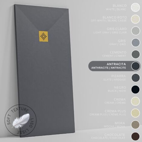 SOULHOME Receveur de Douche -Résine -Gel Coat -Texture Lisse Soie -Antidérapant -Couleur Anthracite - 140x90- Extra plat 3cm. GRILLE DORÉE (1/5)