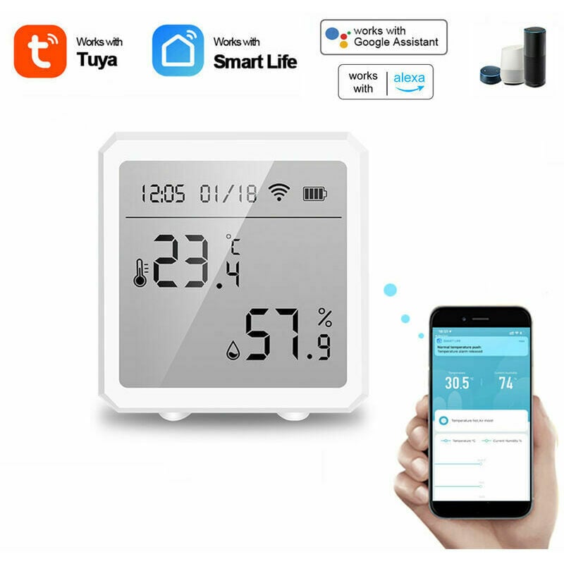 WiFi Tuya Capteur de température sans fil, Smart Life Digital Thermomètre  hygromètre intérieur, compatible avec Alexa, avec stockage de données et