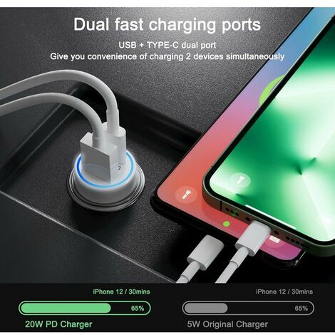 PACK CHARGEUR VOITURE RAPIDE USB-C 20W PD 12/24V + CABLE USB-C VERS  LIGHTNING