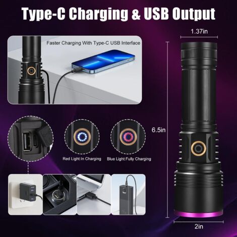 Lampe Torche UV 365nm Puissante Lumière Noire LED Lampe Wood 20W