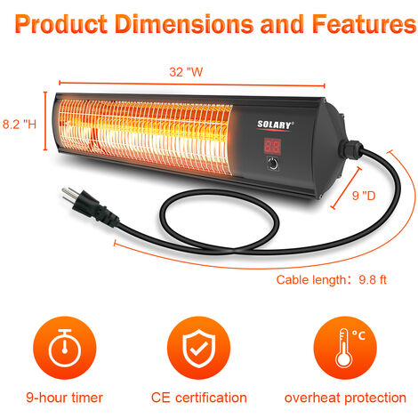 HOME It® Chauffage De Terrasse Murale 2000W - Infrarouge, 3 Niveaux, Étanche IP34