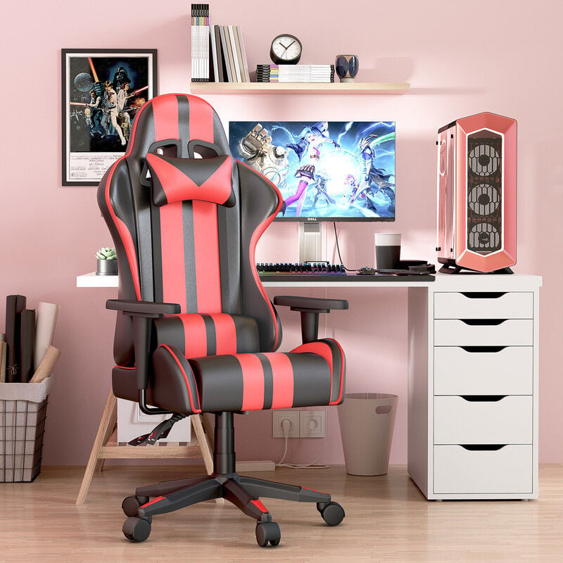 Chaise gaming Bigzzia Fauteuil gamer - chaise gaming - siège de bureau  réglable pivotant gaming racing - avec coussin et dossier inclinable rouge