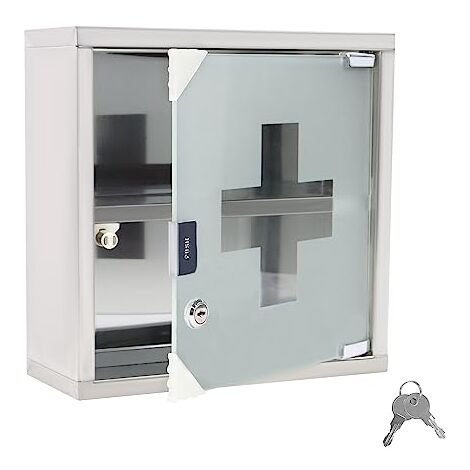Armoire à Pharmacie Verrouillable En Acier Inoxydable | 2 Compartiments, Porte En Verre | 30x30x12 Cm | Pour Maison, Bureau, écoles