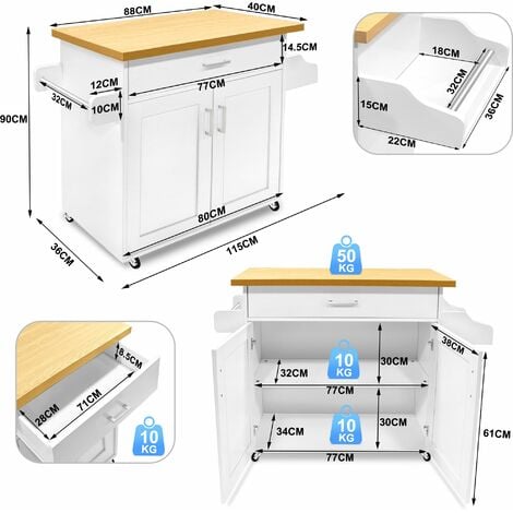 Meuble de Cuisine avec Plan de Travail & Roulettes, 115x36x90cm NAIZY
