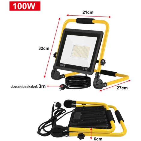 Projecteur de Chantier à LED Lampe de Travail Floodlight avec IP66 Étanche, Câble 3M et Support Pliable -100W Blanc Froid NAIZY