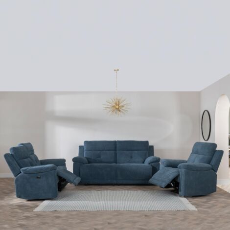 Eboli Ancona Blue Fabric Electric Recliner Sofa Set