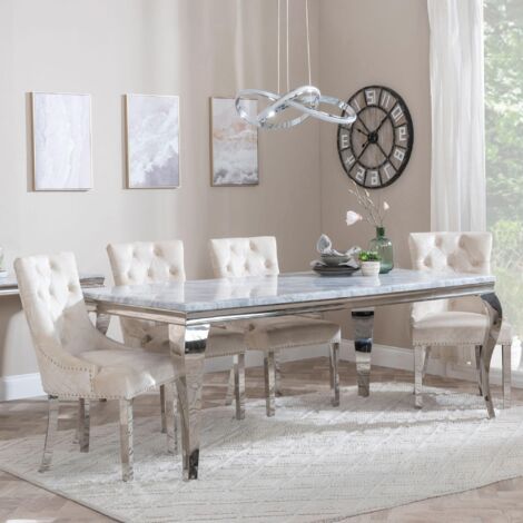 View of Louis Grey Marble and Chrome Dining Set - Lion Knocker Back Champagne ...