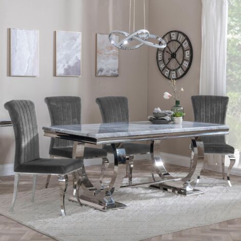 Glacier Grey Marble and Chrome Dining Set - Louis Grey Dining Chair - Sequential Expectations Chrome Dining Set