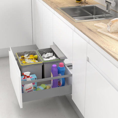 Poubelle automatique 2 compartiments 16L – Plastique gris clair – Ouverture simultanée du couvercle et du tiroir – Pour espaces confinés – Menage Confort (1/4)