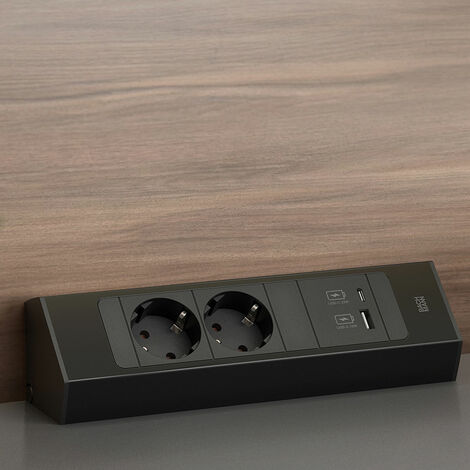 Casia2 3 Prises Noir Câble nu 2m - CASIA 2 - Multiprise superposée orientable d'angle avec prises et USB