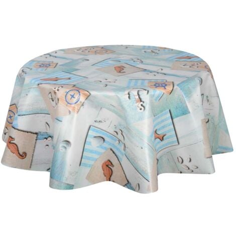 Nappe Ronde 120 Cm KEVKUS Nappe En Toile Cirée 582-1 - Motif Phare Maritime Et Bateau Toile Cirée Ronde 120 Cm