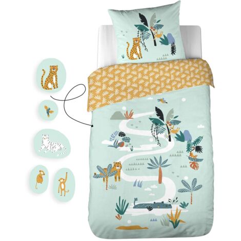 Parure de lit enfant jungle 100% coton – Housse de couette L. 200 x l. 140 cm – Taie d'oreiller L. 63 x l. 63 cm – Tissu certifié OEKO-TEX – Côté Déco (1/5)