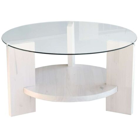 Table basse ronde 1 étagère en verre et bois massif AURÉLINE (1/5)