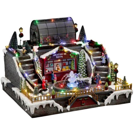 Décoration De Table Animée Noël - Patinoire Avec Personnages - Résine Multicolore - 35x27x15 Cm - Neuf