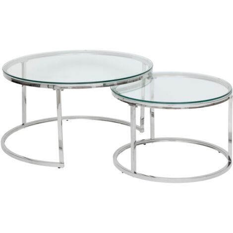 Atmosphera – Ensemble de 2 tables basses gigognes en verre trempé et inox – Design épuré argent – Empilables pour gain de place – Diamètre 80 cm