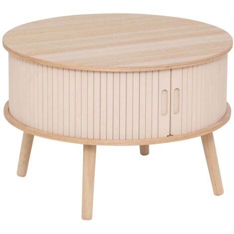 Atmosphera – Table basse ronde 60cm en bois de frêne et pin – 2 portes coulissantes – Finition mate beige – Hauteur 40,7cm (1/5)