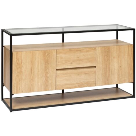 Buffet 2 portes et 2 tiroirs effet bois et verre ALDEA