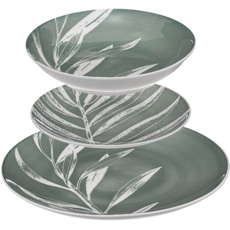 Service vaisselle 18 pièces en porcelaine – Motif végétal délicat – 6 assiettes plates 26,5 cm – Compatible micro-onde et lave-vaisselle – Secret De Gourmet