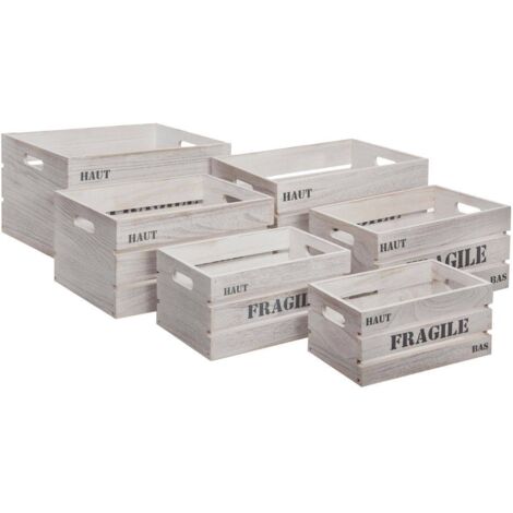 Atmosphera – Lot de 6 cagettes en bois de Paulownia blanchi – Dimensions XS à XL – Empilables avec poignées pour transport facile