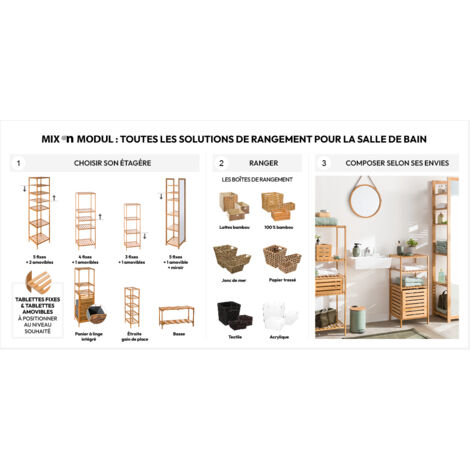 Five Étagère De Salle De Bain 3 Niveaux Bambou Et Bois Noir H 80 Cm