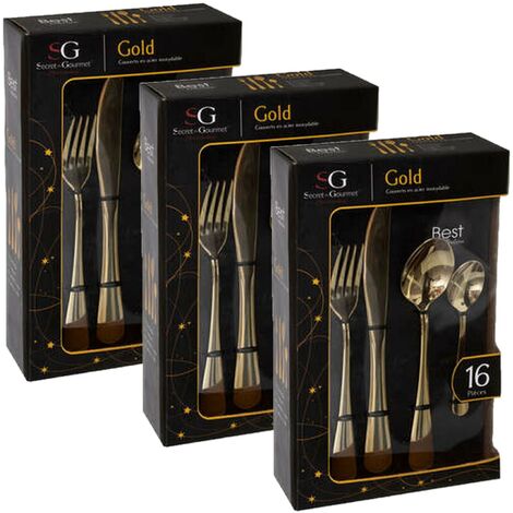 Lot de 3 ménagères en acier inoxydable 16 pièces GOLD (1/2)
