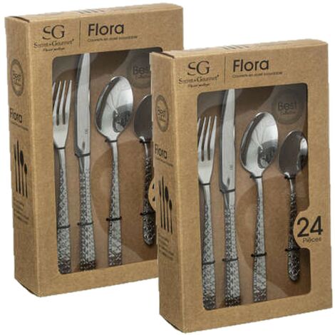 Lot de 2 ménagères en acier inoxydable 24 pièces – Compatible lave-vaisselle – Collection Flora – Motifs floraux argentés – Toilinux