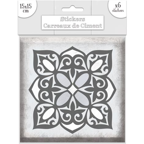 6 Stickers carreaux de ciment Fleurs - 15 x 15 cm - 15 x 15 x 0,1 - Gris