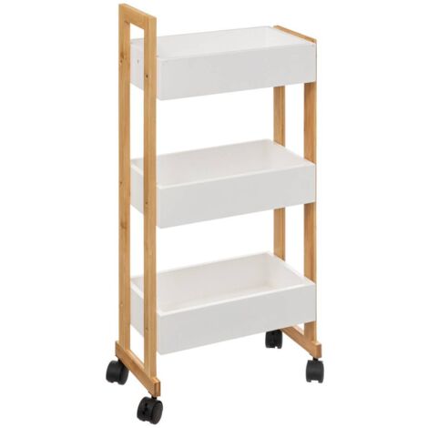 Desserte de cuisine 3 niveaux sur roulettes – Bambou naturel et MDF blanc – Dimensions L. 38 x P. 20 x H. 80 cm – Rangement pratique - 5five