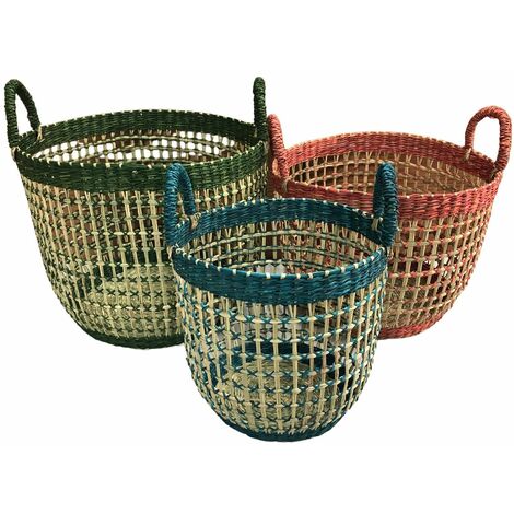 Ensemble de 3 paniers en jonc de mer colorés (1/5)