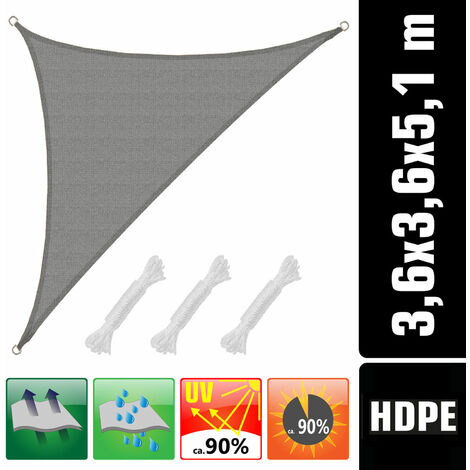 UV Sonnensegel 3,6x3,6x5,1 HDPE Dreieck Rechtwinklig Sonnenschutz Garten Grau