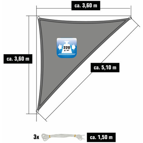 UV Sonnensegel 3,6x3,6x5,1 HDPE Dreieck Rechtwinklig Sonnenschutz Garten Grau