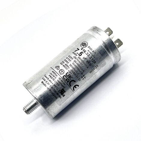 Ducati Energia – Condensateur permanent aluminium 7,5µF – Cosses Faston simple 6.3mm – Ø35x72mm – Durée de vie 30,000 heures