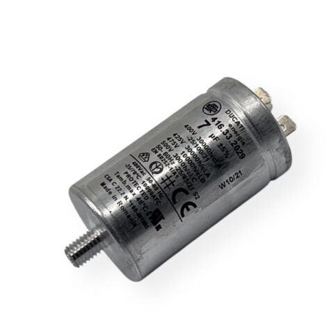 Ducati Energia – Condensateur permanent aluminium 7µF – Cosses Faston simple 6.3 mm – Ø35x60mm – Durée de vie 30,000 heures – Compatible moteurs 220V