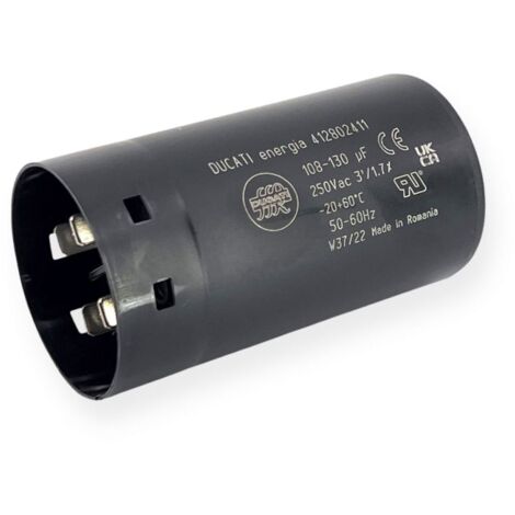 Ducati Energia – Condensateur de démarrage 108-130µF – Tension 250Vac – Cosses faston 6.3mm – Ø45,5x84mm – Pour moteurs monophasés 220V