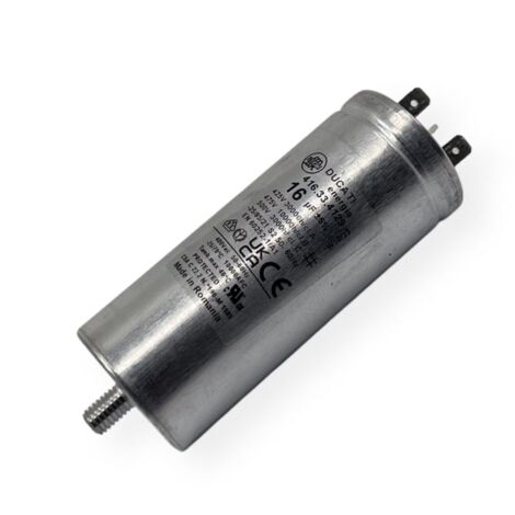 Ducati Energia – Condensateur permanent aluminium 16µF – Cosses Faston simple 6.3 mm – Ø40 mm x 98 mm – Durée de vie 30,000 heures