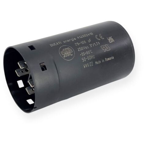 Ducati Energia – Condensateur de démarrage 88-106µF – Tension 250Vac – Cosses faston 6.3mm – Ø45,5x84mm – Pour moteurs monophasés 220V