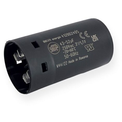 Ducati Energia – Condensateur de démarrage 43-52µF – Tension 250Vac – Cosses faston 6.3mm – Ø36.5x68.5mm pour moteurs monophasés 220V
