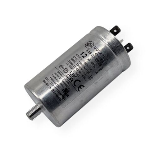 Ducati Energia – Condensateur permanent aluminium 12µF – Cosses Faston simple 6.3mm – Ø40mm x 72mm – Durée de vie 30,000 heures