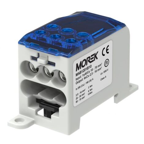 Bloc distribution alu cuivre 200A bleu - 1 entrée 70mm² - 6 sorties 2,5 à 16mm² - MOREK