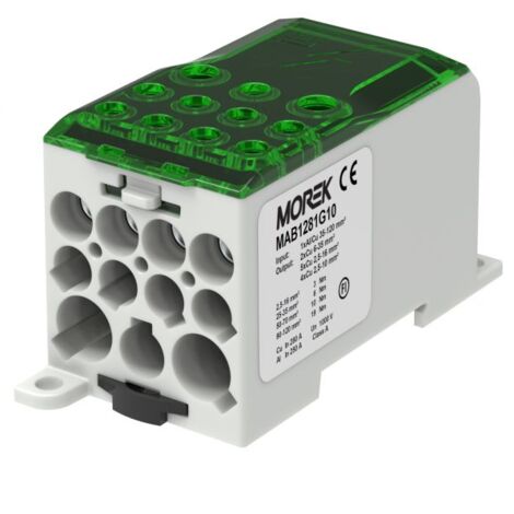 Bloc distribution alu cuivre 280A vert - in 1x120mm² - out 2x35/5x16/4x10mm² - MOREK