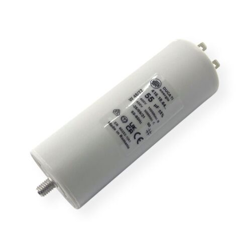 Ducati Energia – Condensateur permanent 55µF double cosses Faston 6.3mm – Ø45,5x117mm – Durée de vie 10.000 heures – Compatible moteurs 220V